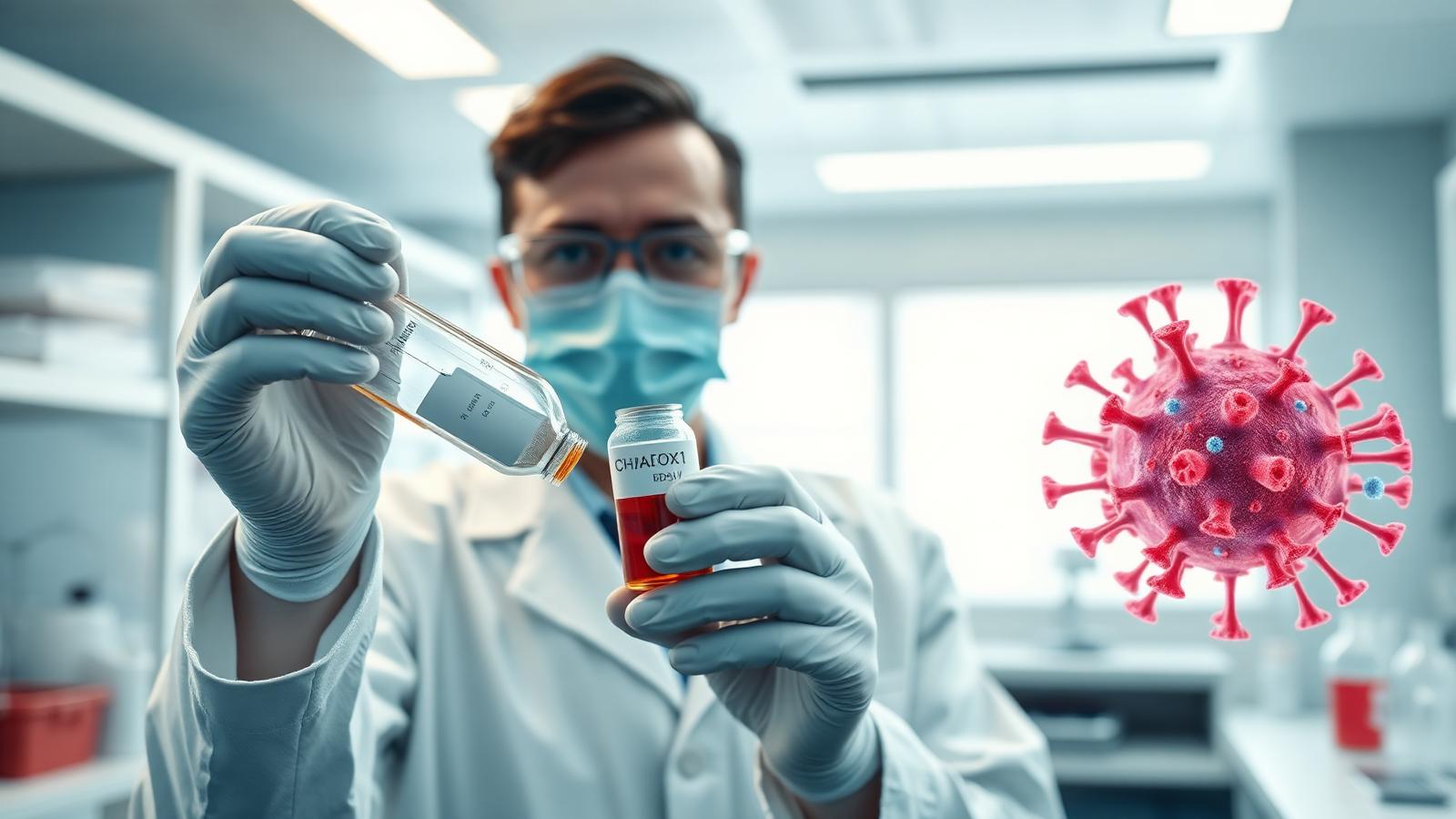 Científico de Oxford sostiene un vial de la vacuna experimental ChAdOx1 BDBV contra el ébola de Bundibugyo