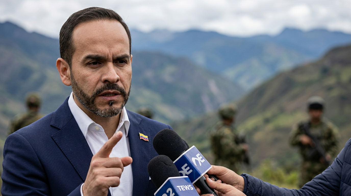Abelardo de la Espriella hace declaraciones a la prensa con montañas del Cauca al fondo