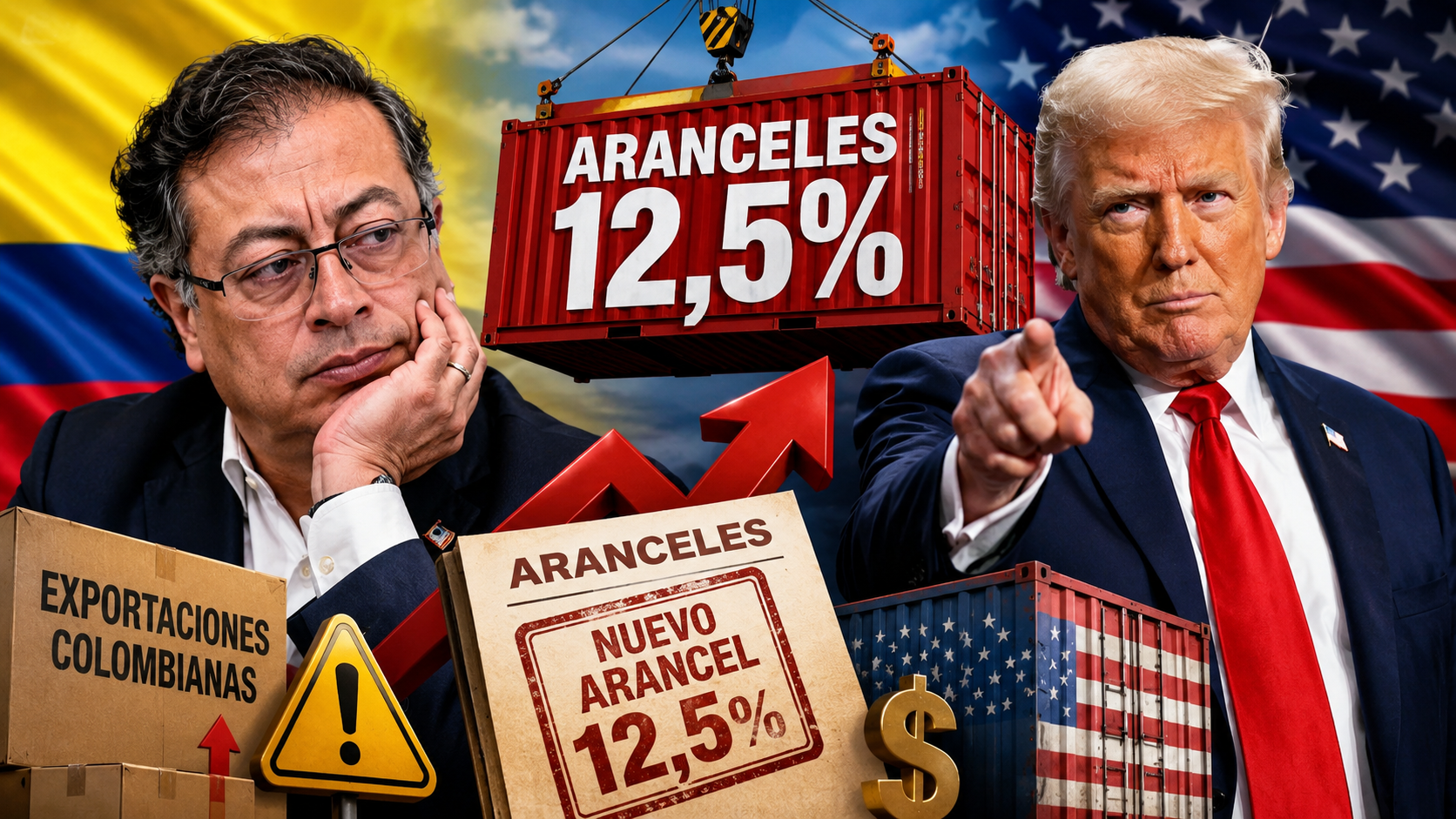 Gustavo Petro y Donald Trump con contenedores y sello de nuevo arancel del 12,5% sobre exportaciones colombianas