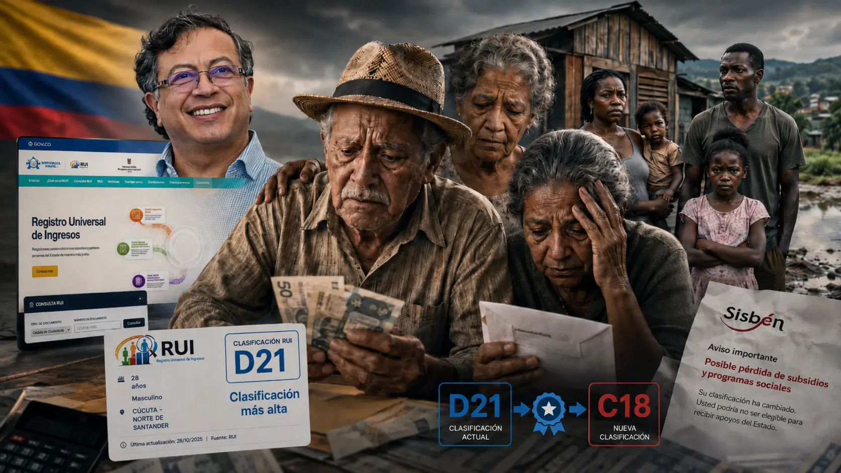 Composición sobre el Registro Universal de Ingresos: la plataforma del RUI, un aviso del Sisbén y adultos mayores revisando documentos y dinero en efectivo