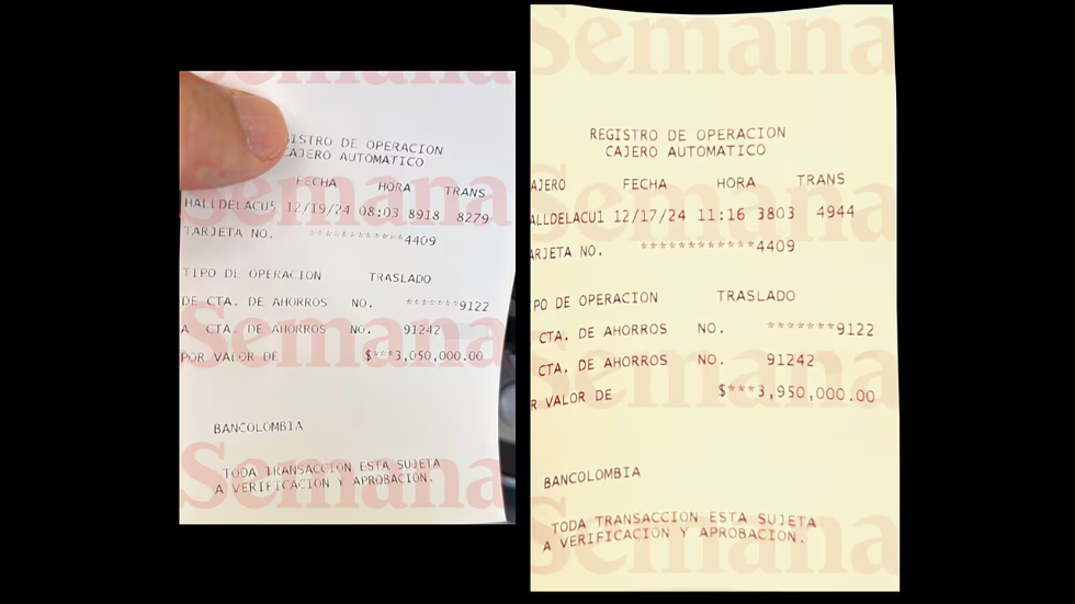 Comprobantes de traslado en cajero automático de Bancolombia por 3.050.000 y 3.950.000 pesos