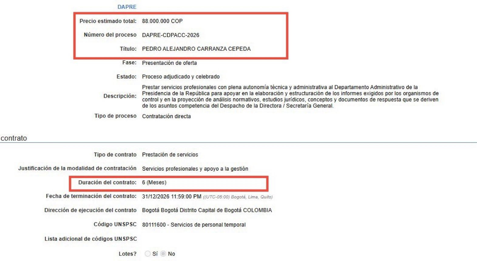Ficha del proceso DAPRE-CDPACC-2026 con el valor de 88 millones de pesos y duración de seis meses