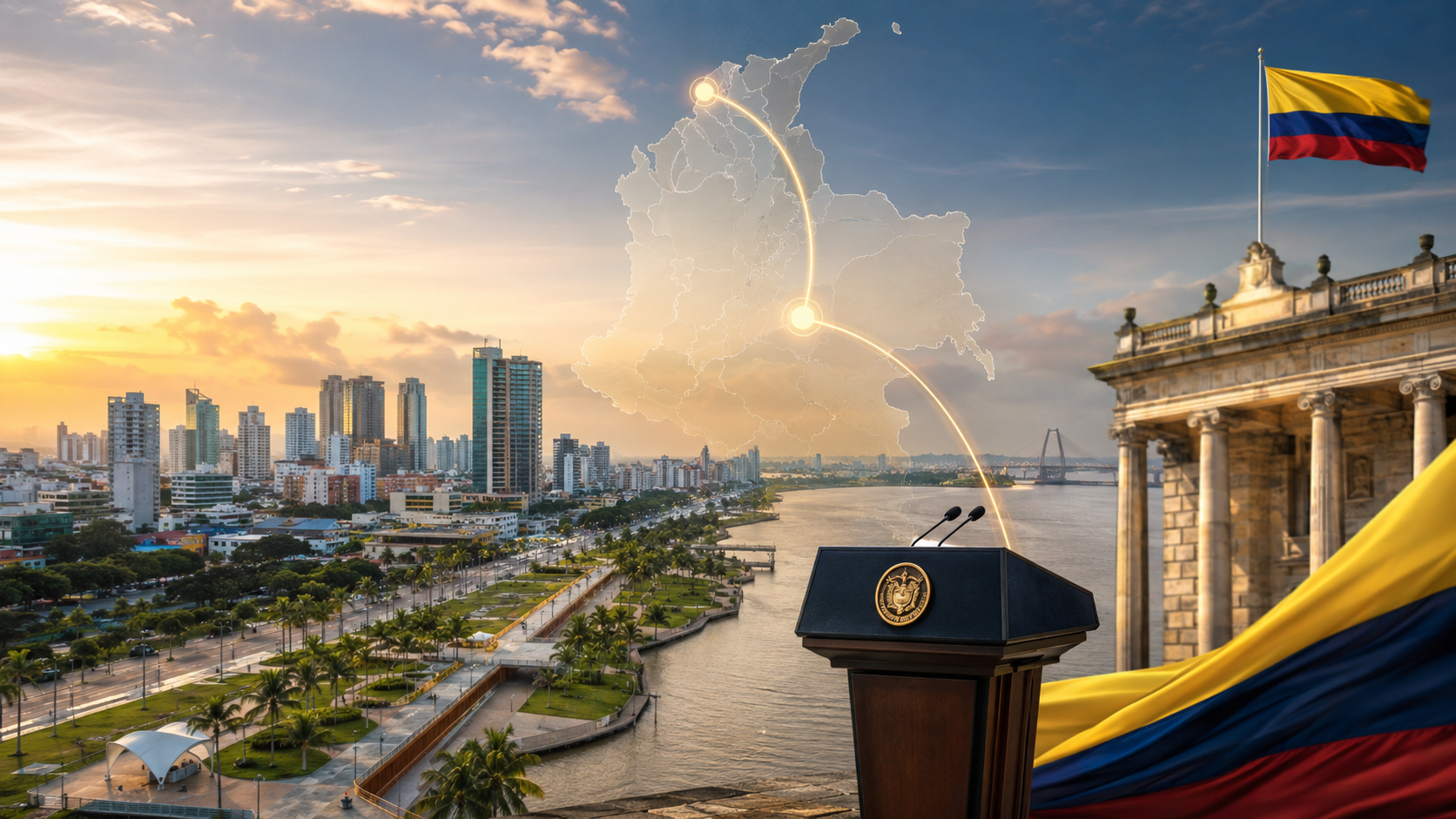 Skyline de Barranquilla junto al Capitolio Nacional y mapa de Colombia con conexión Bogotá–Barranquilla