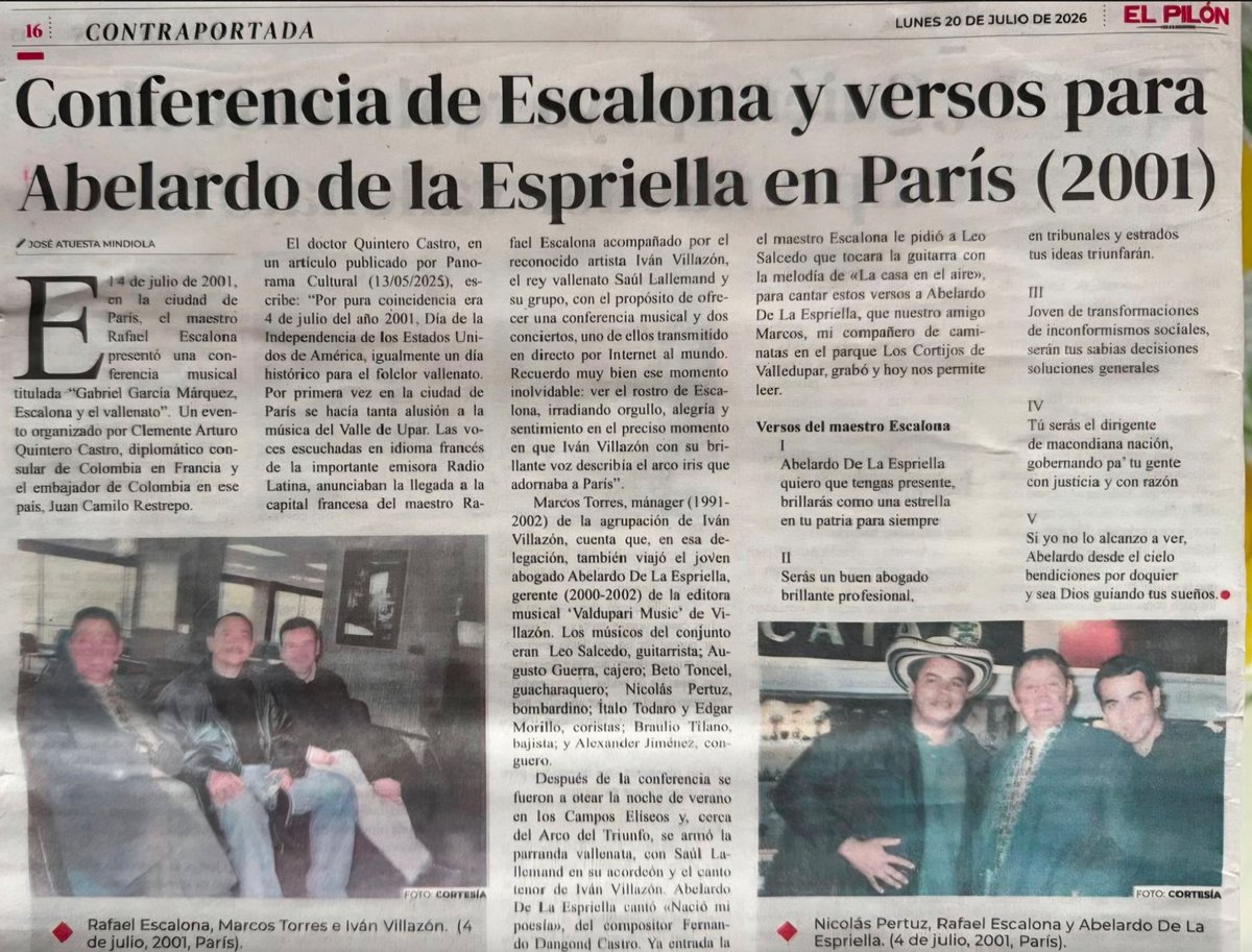 Publicación del periódico El Pilón que narra la conferencia de Rafael Escalona y los versos a Abelardo de la Espriella en París