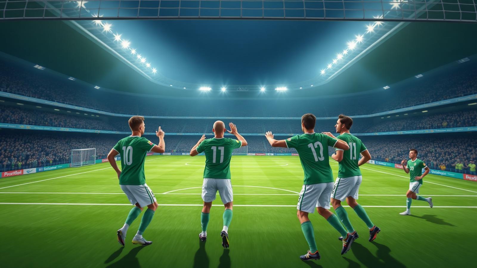 Futbolistas con uniforme verde y blanco celebran un gol en un estadio iluminado de noche