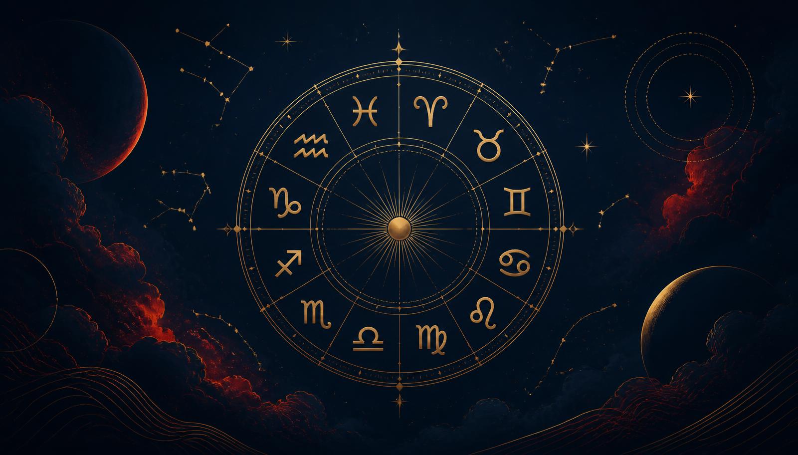 Rueda zodiacal dorada con los doce signos del horóscopo sobre un cielo nocturno