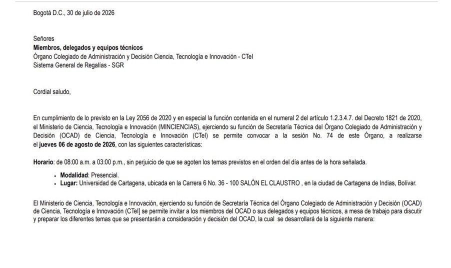 Documento de convocatoria de Minciencias a la sesión No. 74 del OCAD de Ciencia, Tecnología e Innovación del 6 de agosto de 2026 en la Universidad de Cartagena