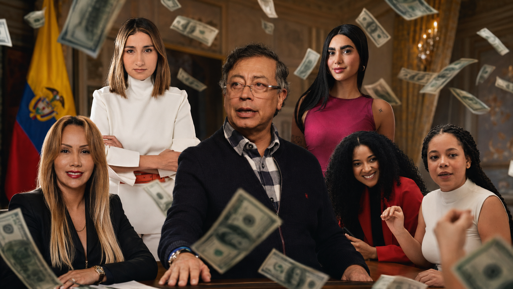 Ilustración editorial: Gustavo Petro rodeado de mujeres de su entorno político con billetes cayendo