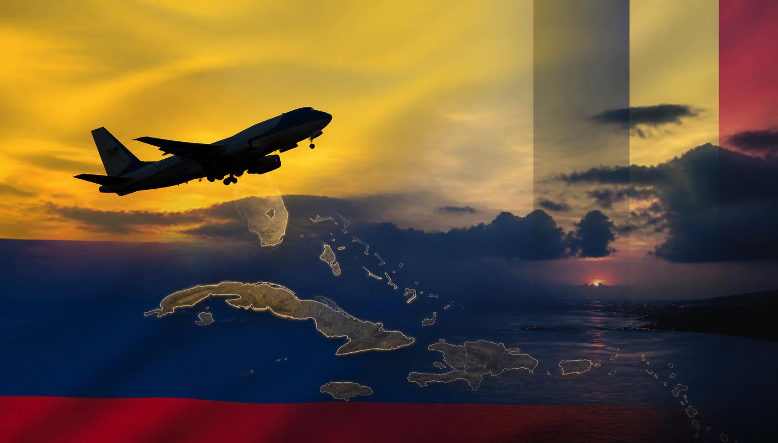 Avión presidencial despegando al atardecer sobre el mapa de Cuba con los colores de la bandera de Colombia