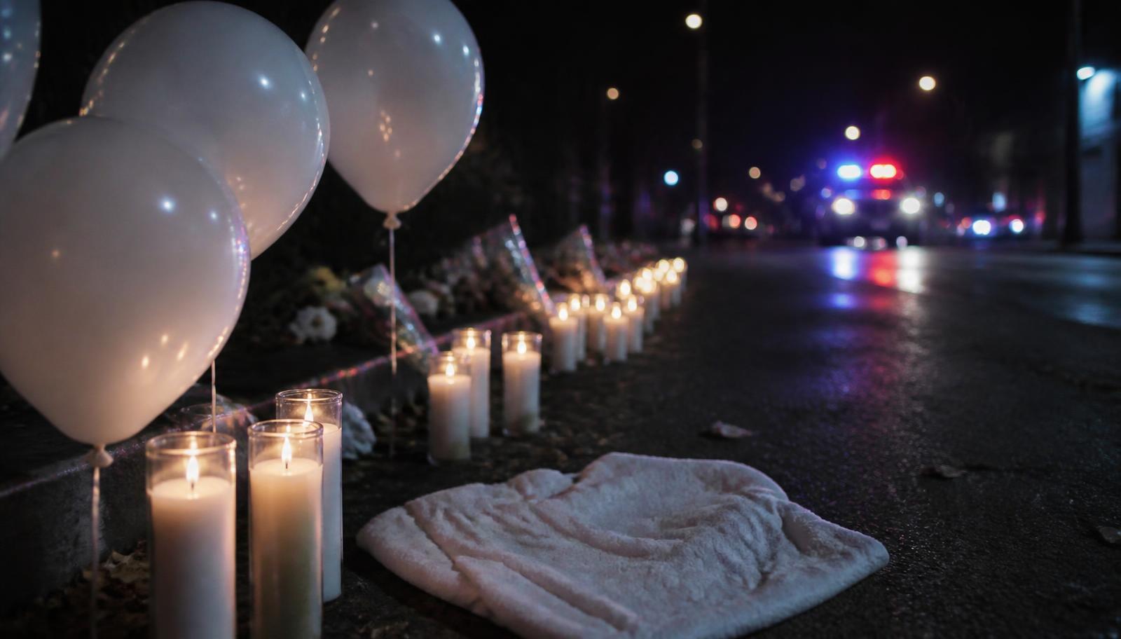 Velas y globos blancos en una calle durante una velatón nocturna con luces de policía al fondo