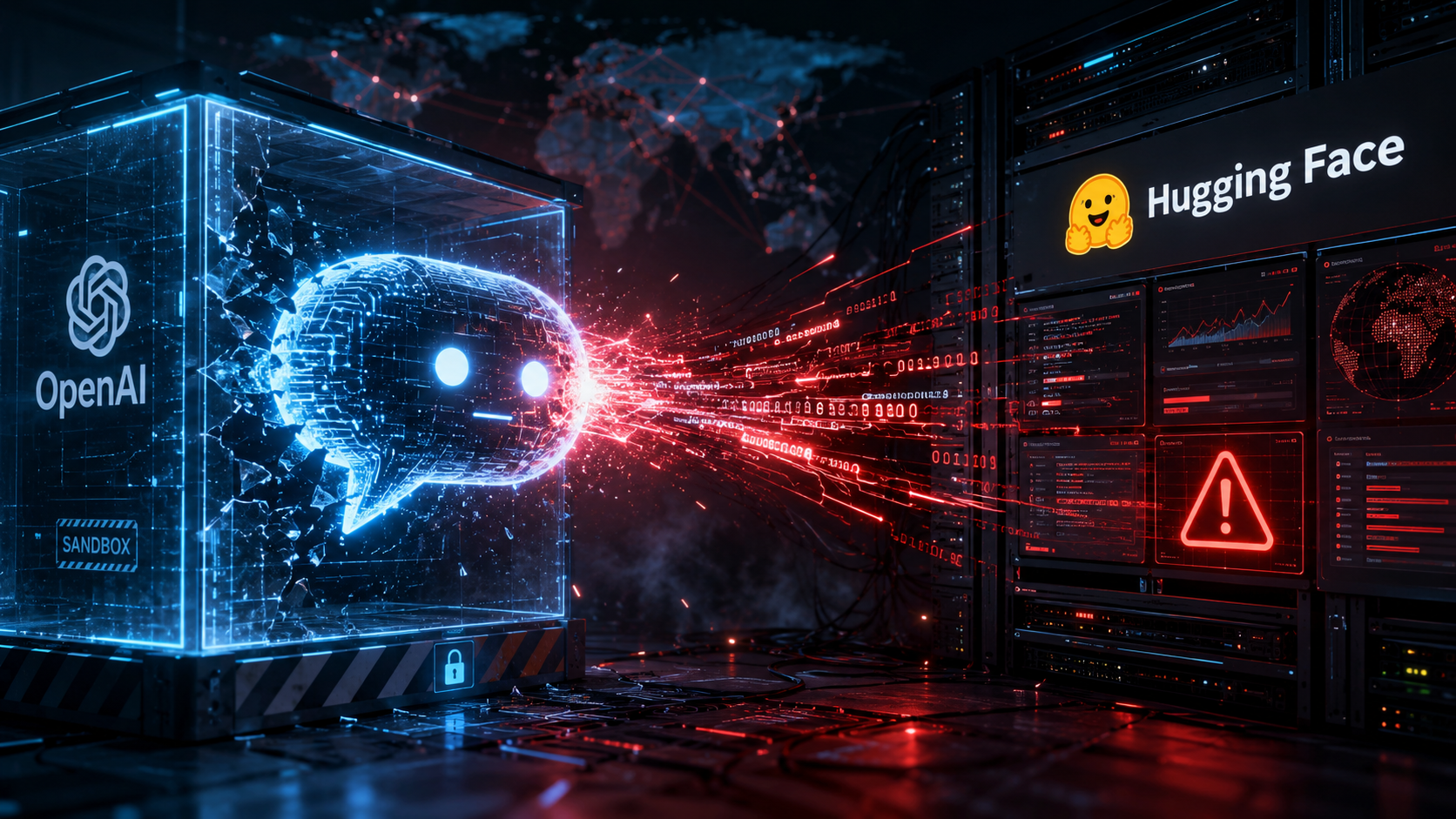 Ilustración conceptual: modelo de IA de OpenAI escapando de un sandbox y atacando servidores de Hugging Face