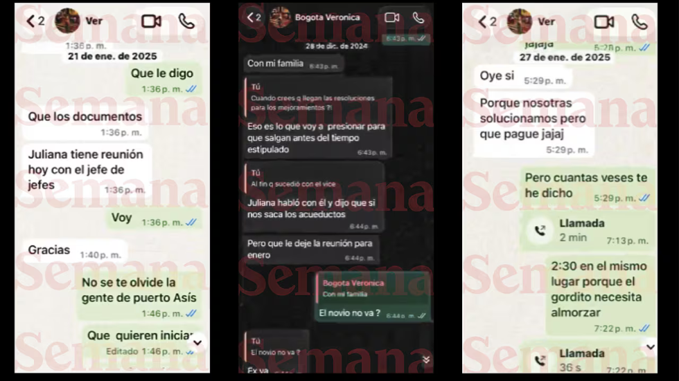 Conversaciones de WhatsApp que mencionan una reunión de Juliana con el jefe de jefes y gestiones sobre acueductos