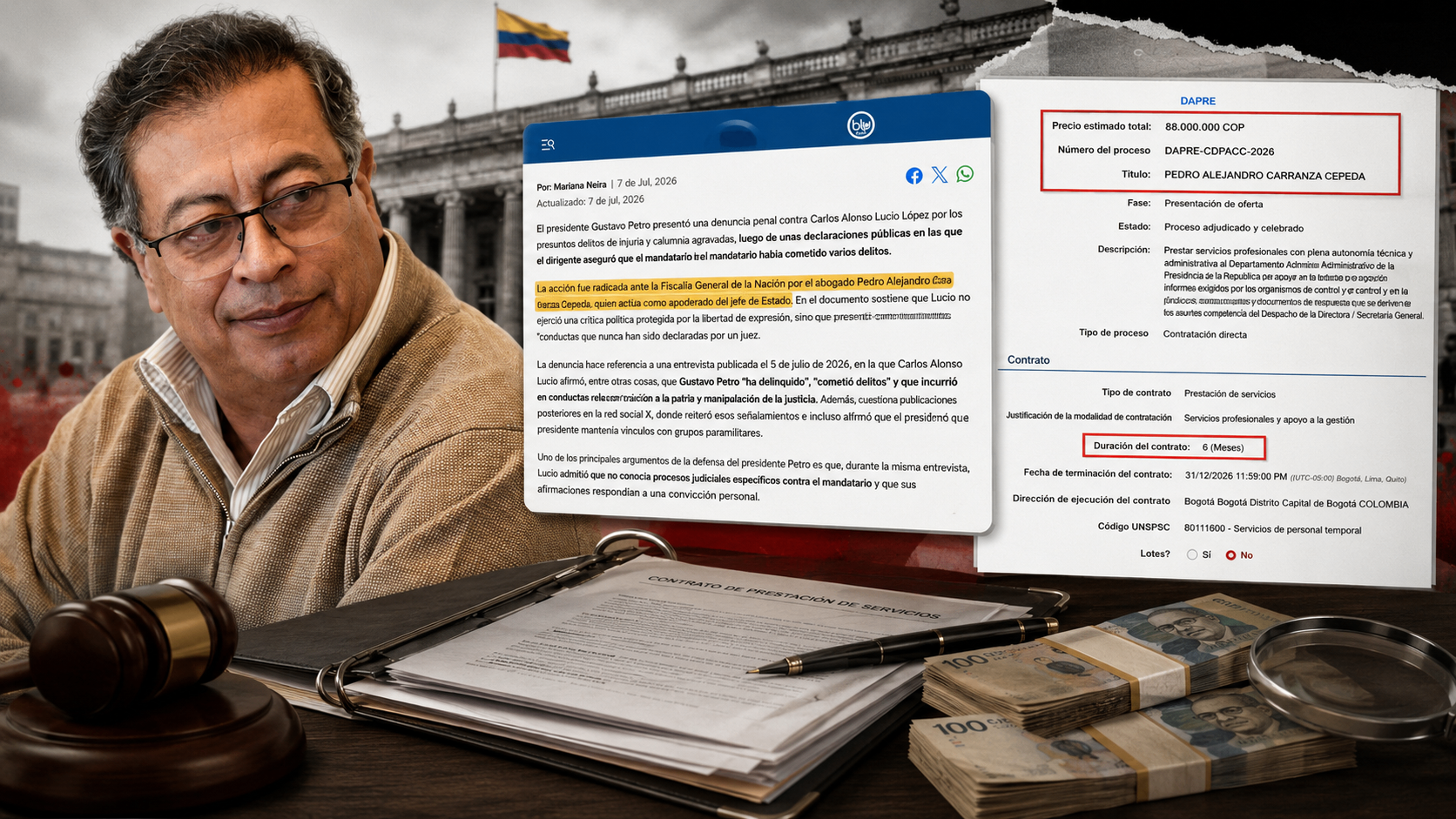 Gustavo Petro junto al Capitolio Nacional y documentos del contrato de $88 millones adjudicado por el Dapre a Pedro Alejandro Carranza Cepeda