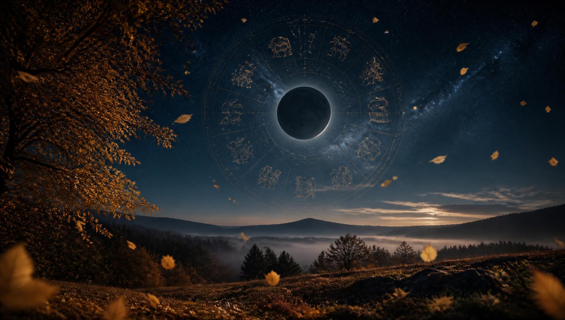 Noche de novilunio con la rueda del zodiaco sobre un paisaje otoñal: horóscopo semanal del 9 al 16 de agosto de 2026