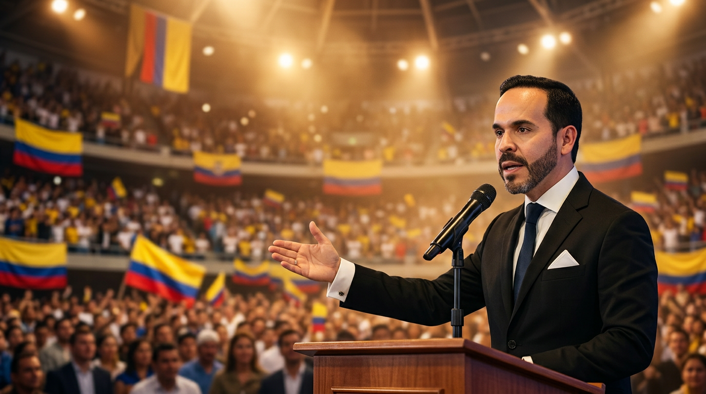 Abelardo de la Espriella habla ante un auditorio con banderas de Colombia en un escenario tipo arena en Cali