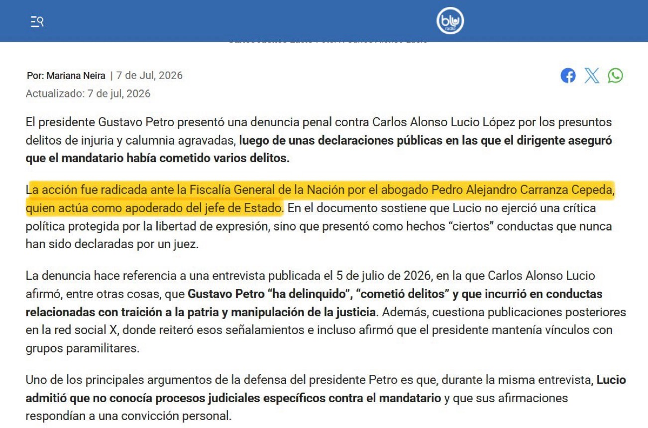 Reseña periodística sobre la denuncia penal radicada por Carranza Cepeda contra Carlos Alonso Lucio en representación de Gustavo Petro