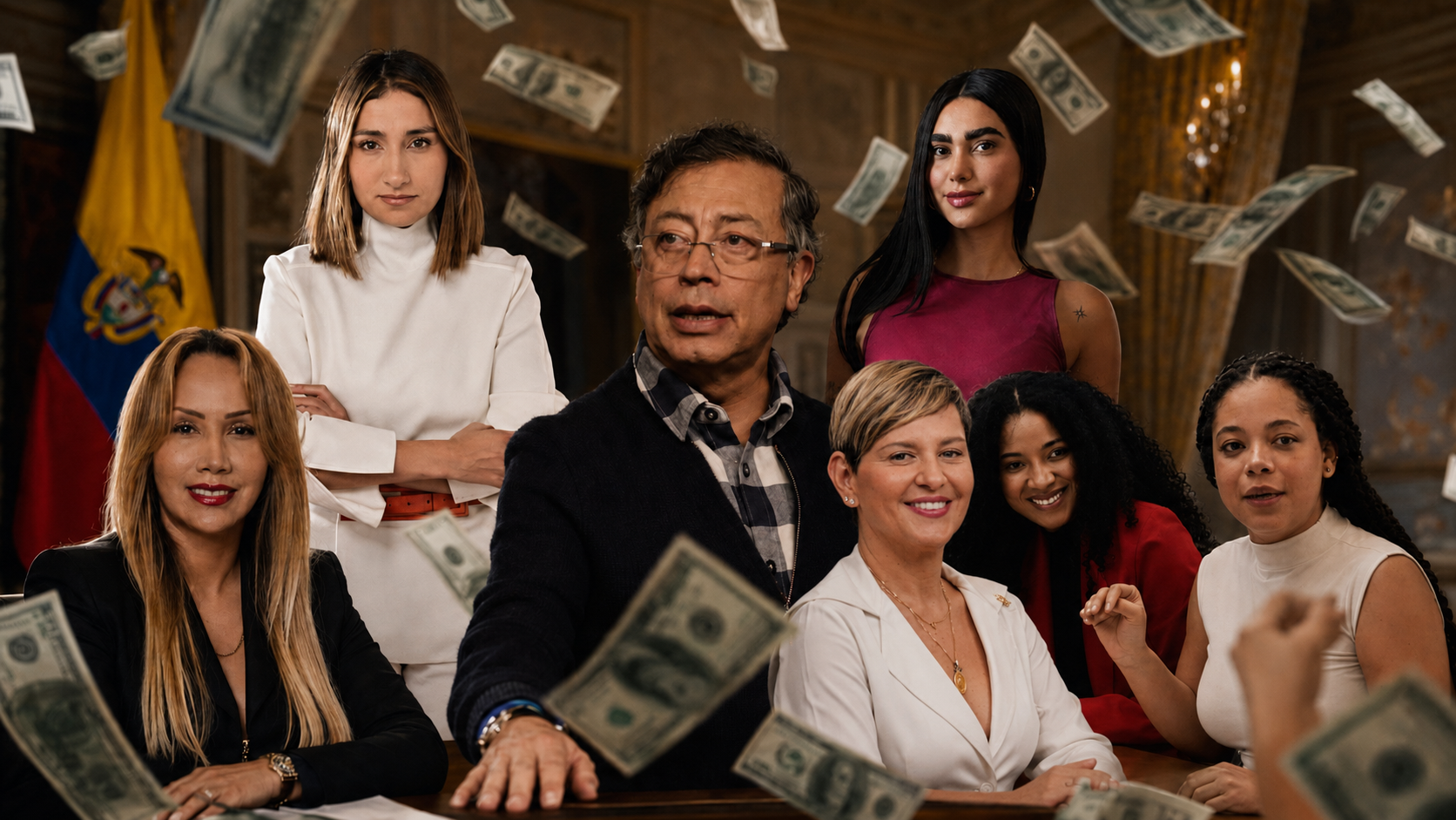 Ilustración editorial: Gustavo Petro rodeado de mujeres de su entorno político con billetes cayendo