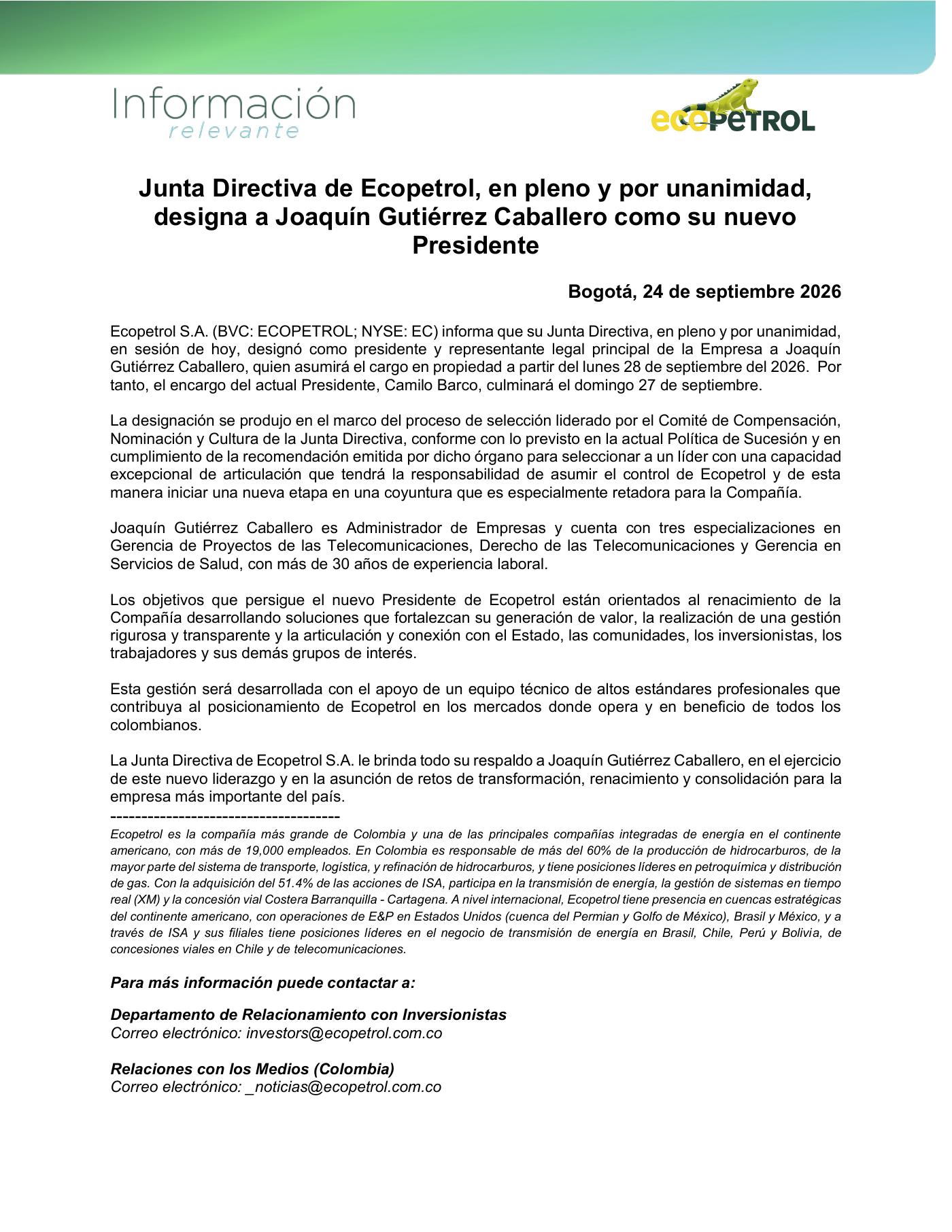 Comunicado oficial de Ecopetrol del 24 de septiembre de 2026 sobre la designación de Joaquín Gutiérrez Caballero como presidente