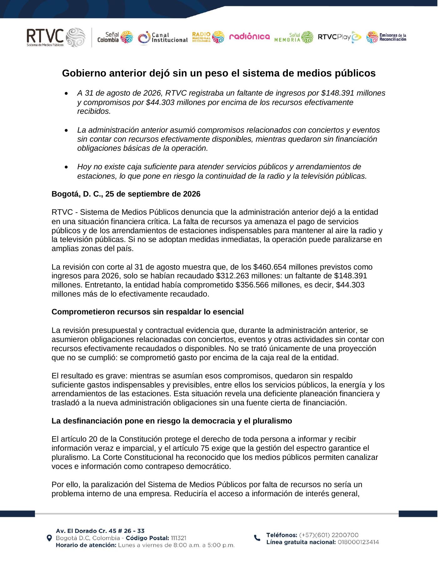 Comunicado oficial de RTVC, página 1