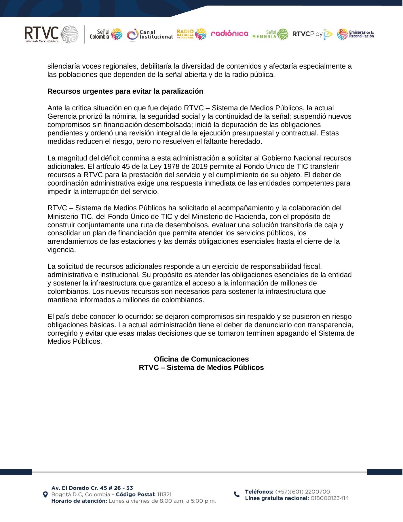 Comunicado oficial de RTVC, página 2