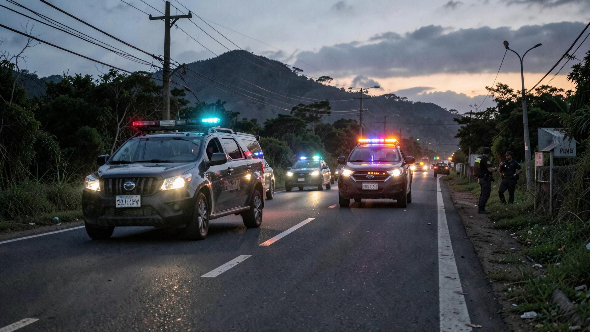 Retén policial en una carretera rural colombiana al anochecer con patrullas encendidas