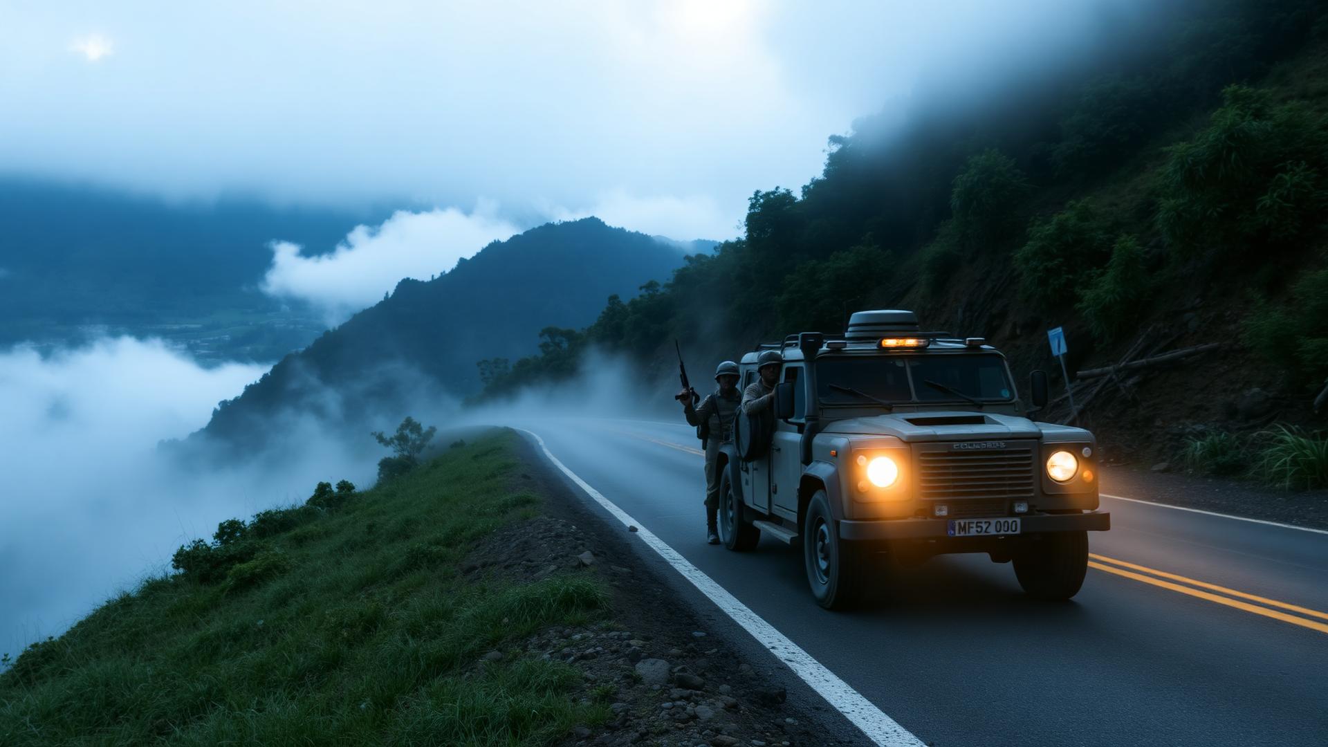 Militares colombianos patrullan una carretera de montaña al amanecer