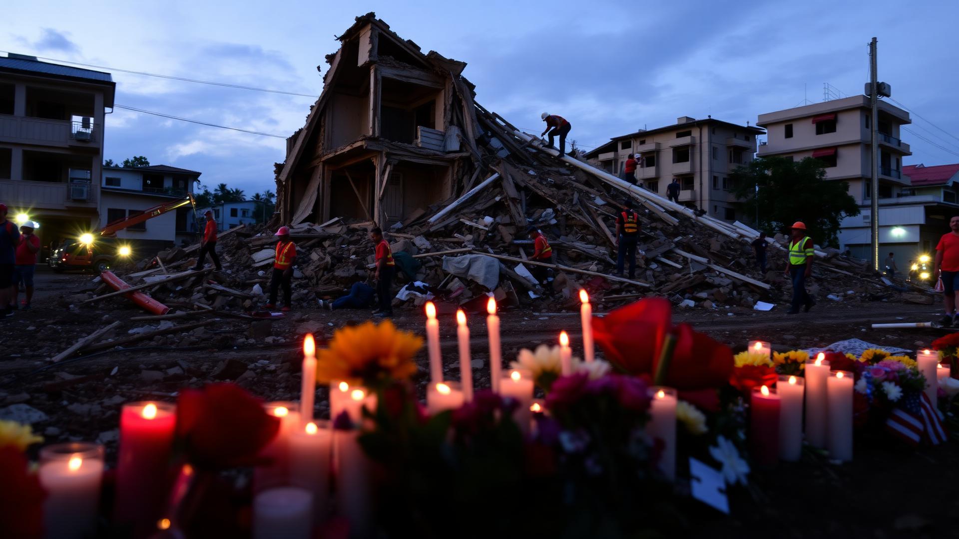 Rescatistas trabajan sobre los escombros de un edificio colapsado junto a un memorial de velas y flores