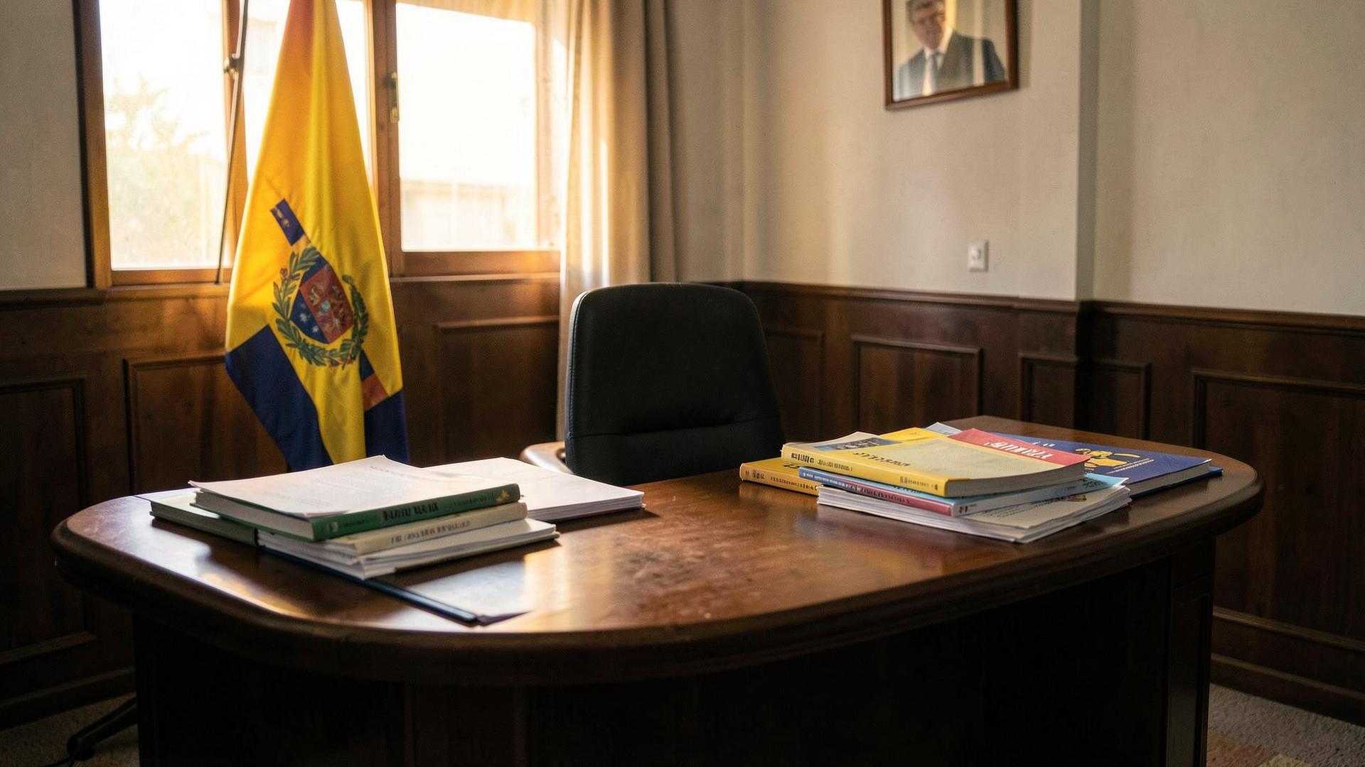 Escritorio de despacho ministerial con bandera de Colombia y libros escolares