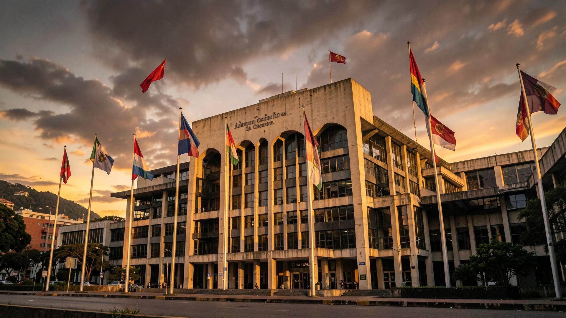 Fachada del Congreso de la República de Colombia con banderas al atardecer