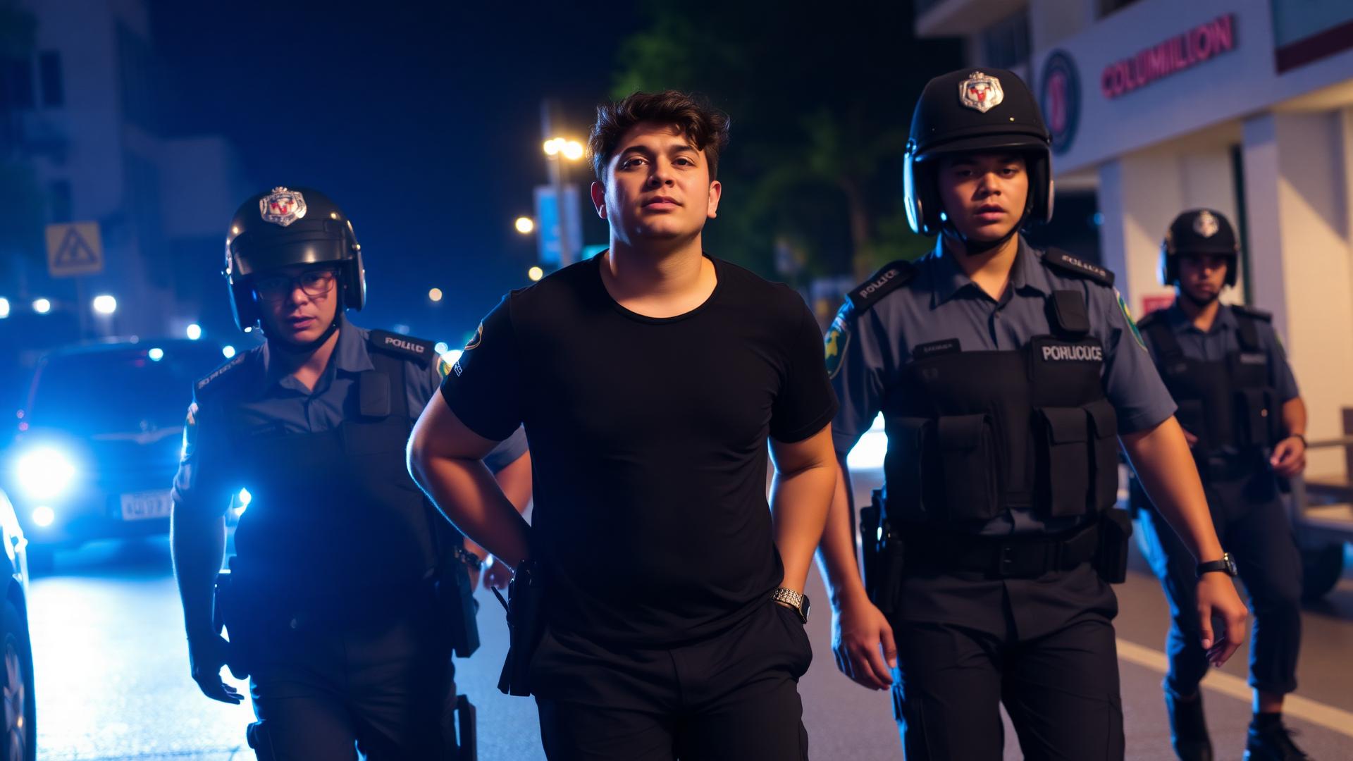 Policías escoltan de noche a un hombre detenido en una calle de una ciudad del Caribe colombiano