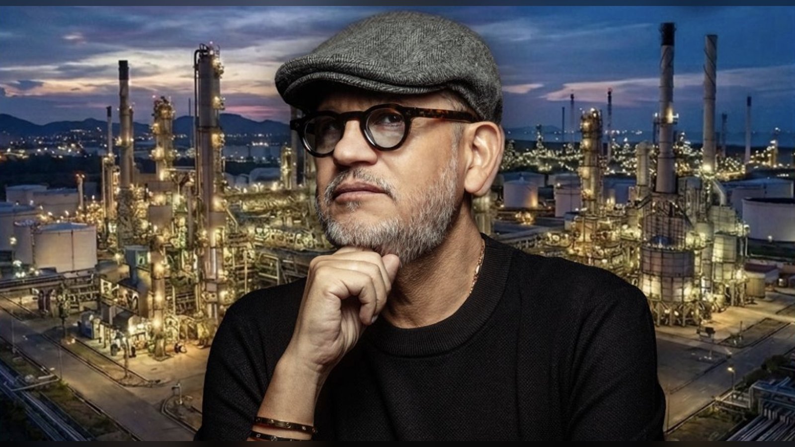 Carlos Suárez, estratega de la campaña de Abelardo De La Espriella, frente a una refinería iluminada de noche