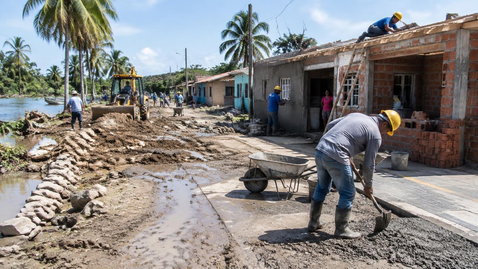Obreros reconstruyen viviendas y una vía en un pueblo del Caribe colombiano