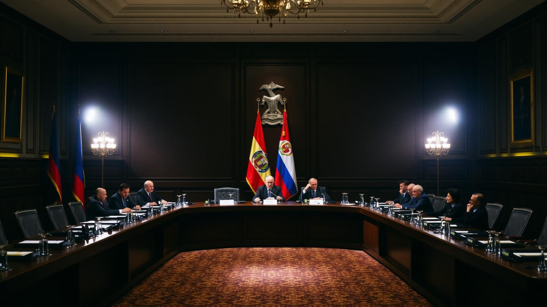 Sala de consejo de ministros con mesa larga, banderas y funcionarios reunidos