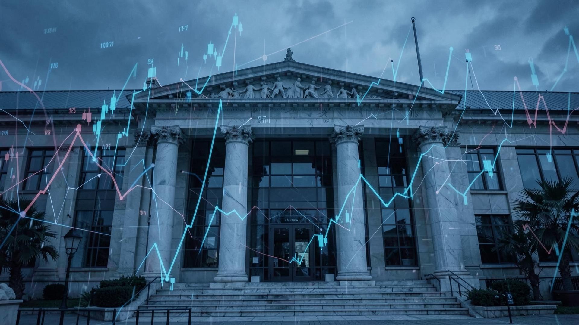 Fachada de un banco central con gráficas financieras superpuestas