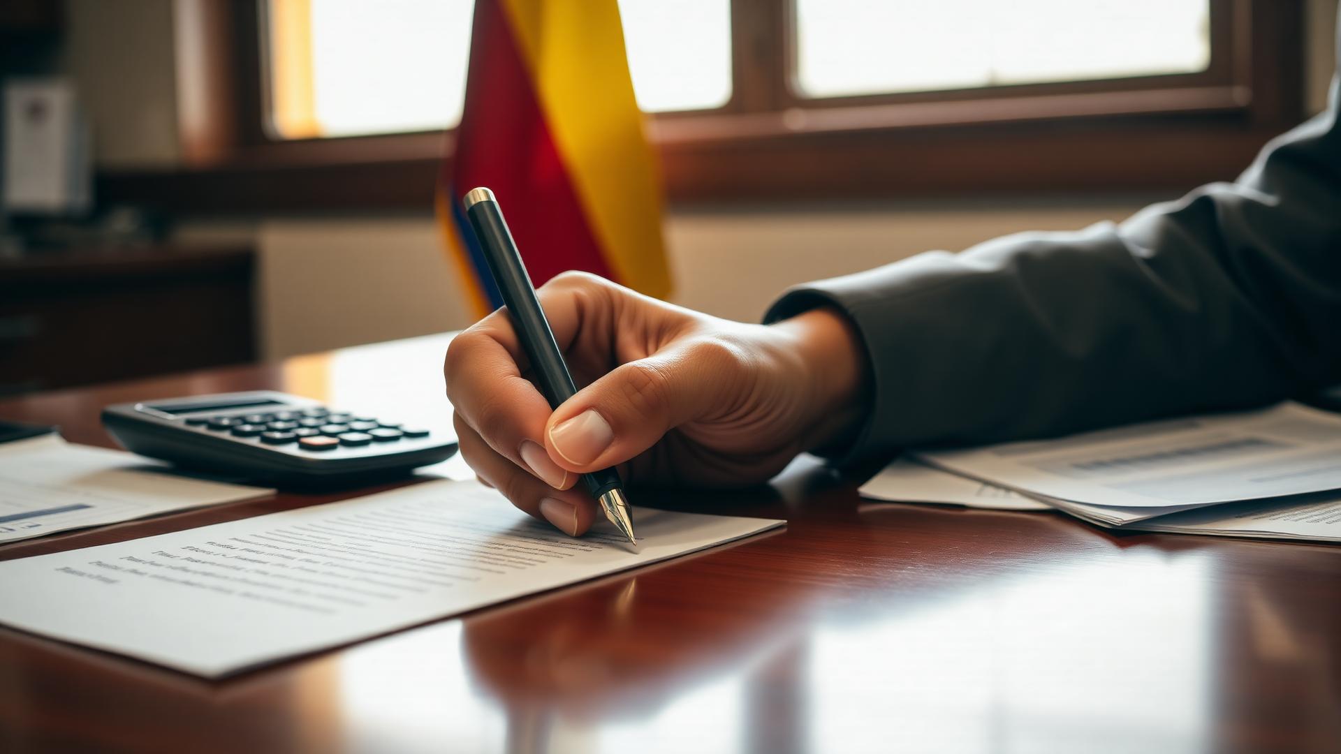 Firma de un decreto de austeridad del gasto público con la bandera de Colombia al fondo
