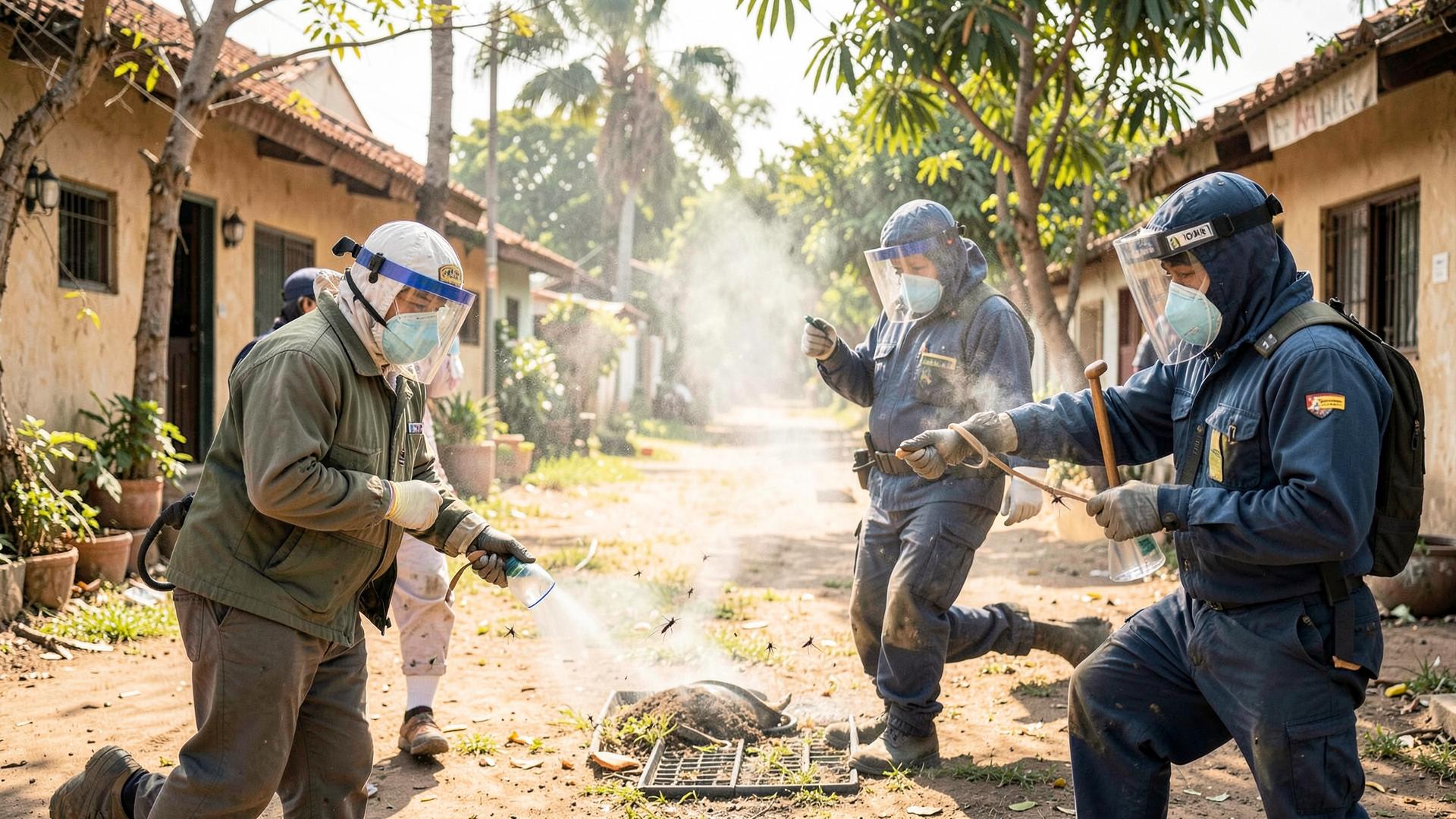 Equipo de salud fumigando contra mosquitos en un barrio de clima cálido