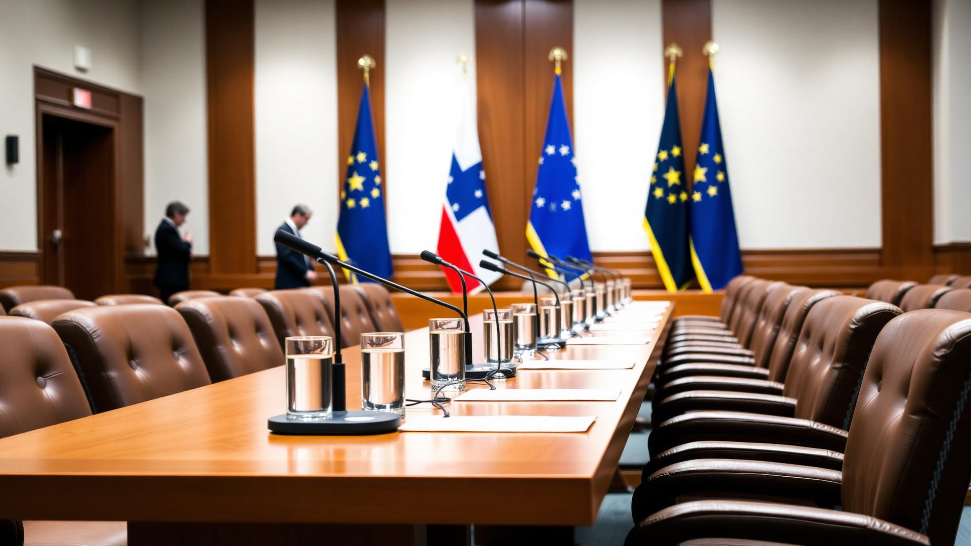 Mesa de negociación diplomática con micrófonos y sillas vacías
