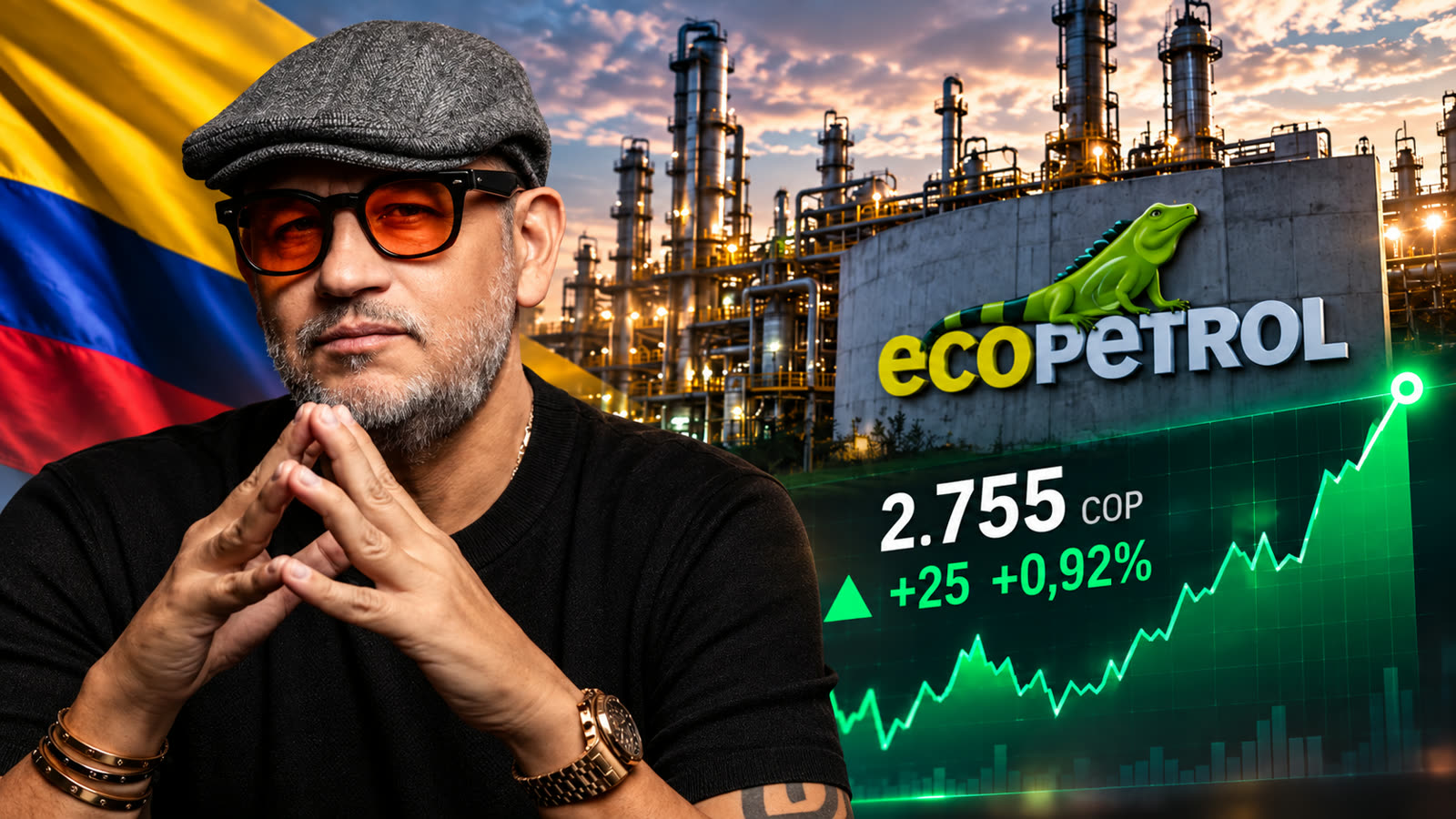 Composición con la bandera de Colombia, una refinería, el logo de Ecopetrol y un gráfico ascendente que marca 2.755 pesos, +25 y +0,92 %