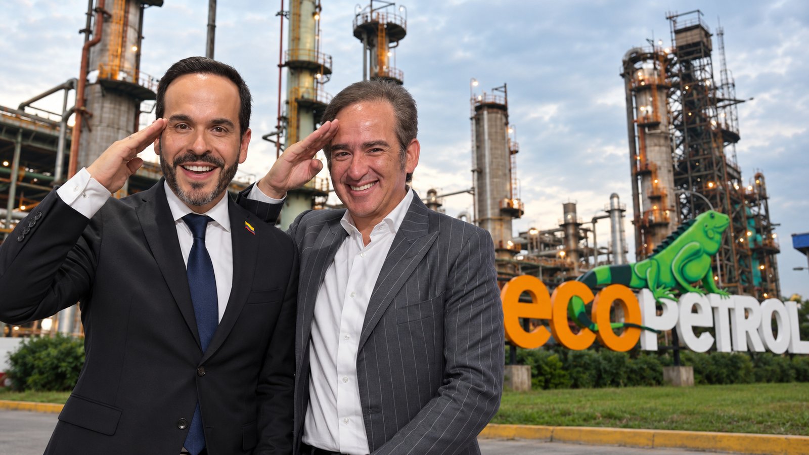 Joaquín Gutiérrez, de saco gris a rayas, sonríe frente a la refinería y el letrero de Ecopetrol