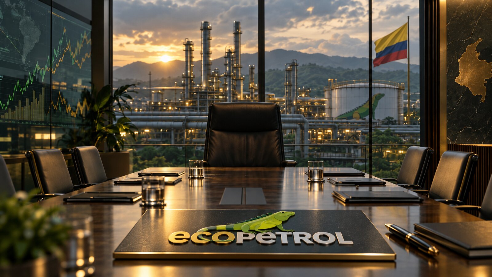 Silla presidencial vacía en una sala de junta directiva de Ecopetrol con una refinería al atardecer al fondo