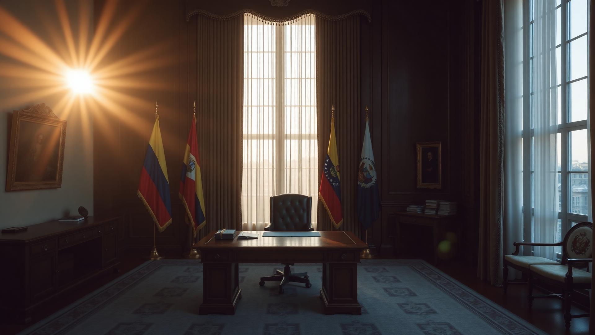 Despacho presidencial vacío al amanecer con la bandera de Colombia