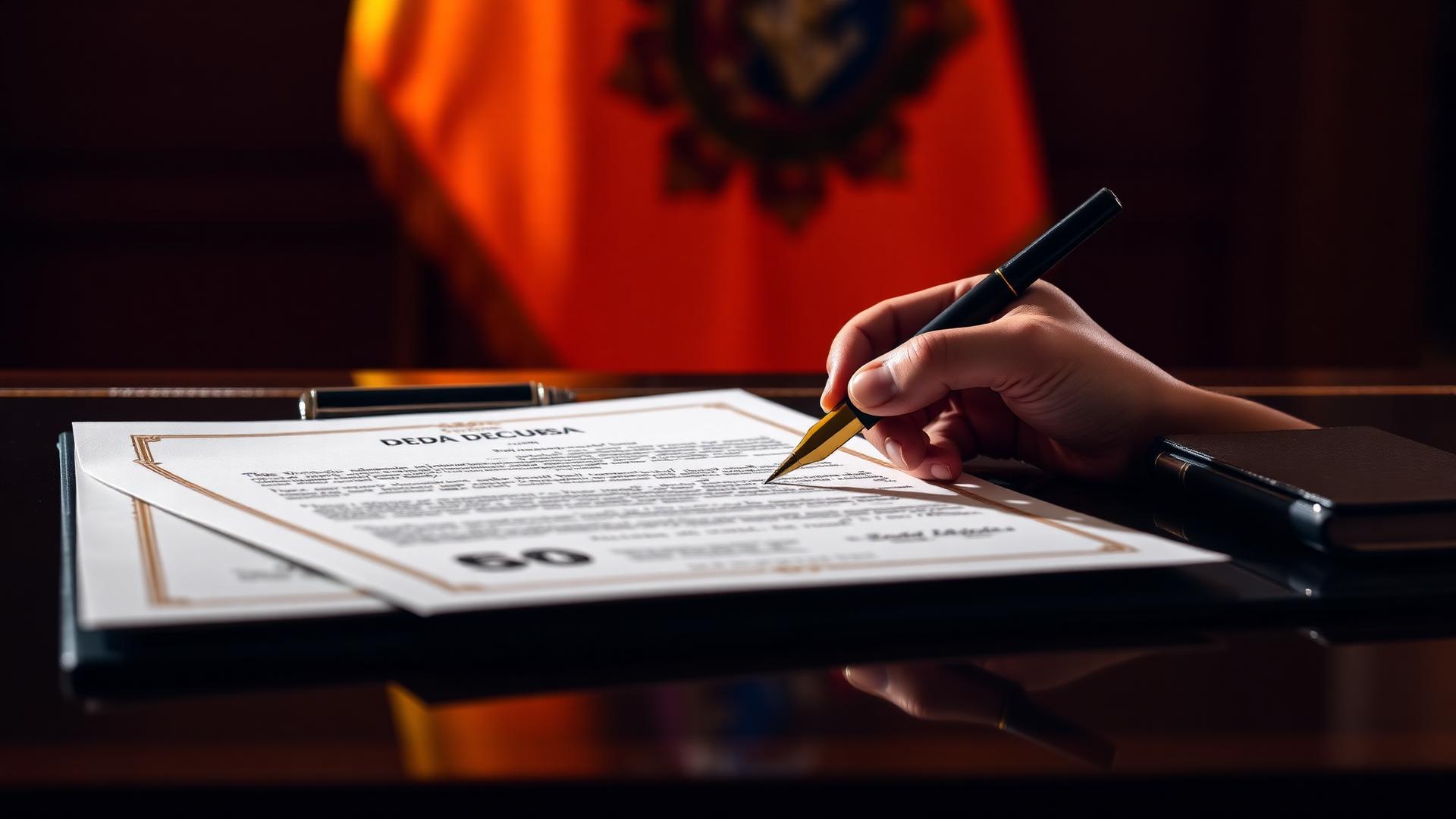 Mano firmando un decreto presidencial sobre un escritorio con la bandera de Colombia al fondo