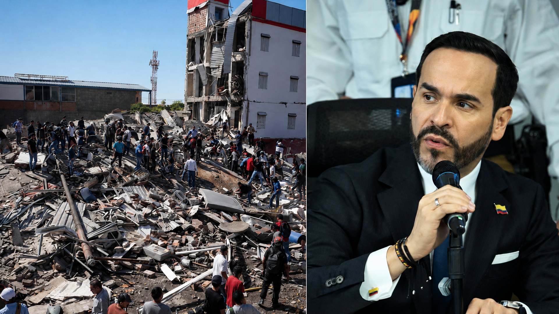 Rescatistas y ciudadanos entre los escombros de edificios colapsados por el terremoto y el presidente Abelardo de la Espriella hablando ante los micrófonos