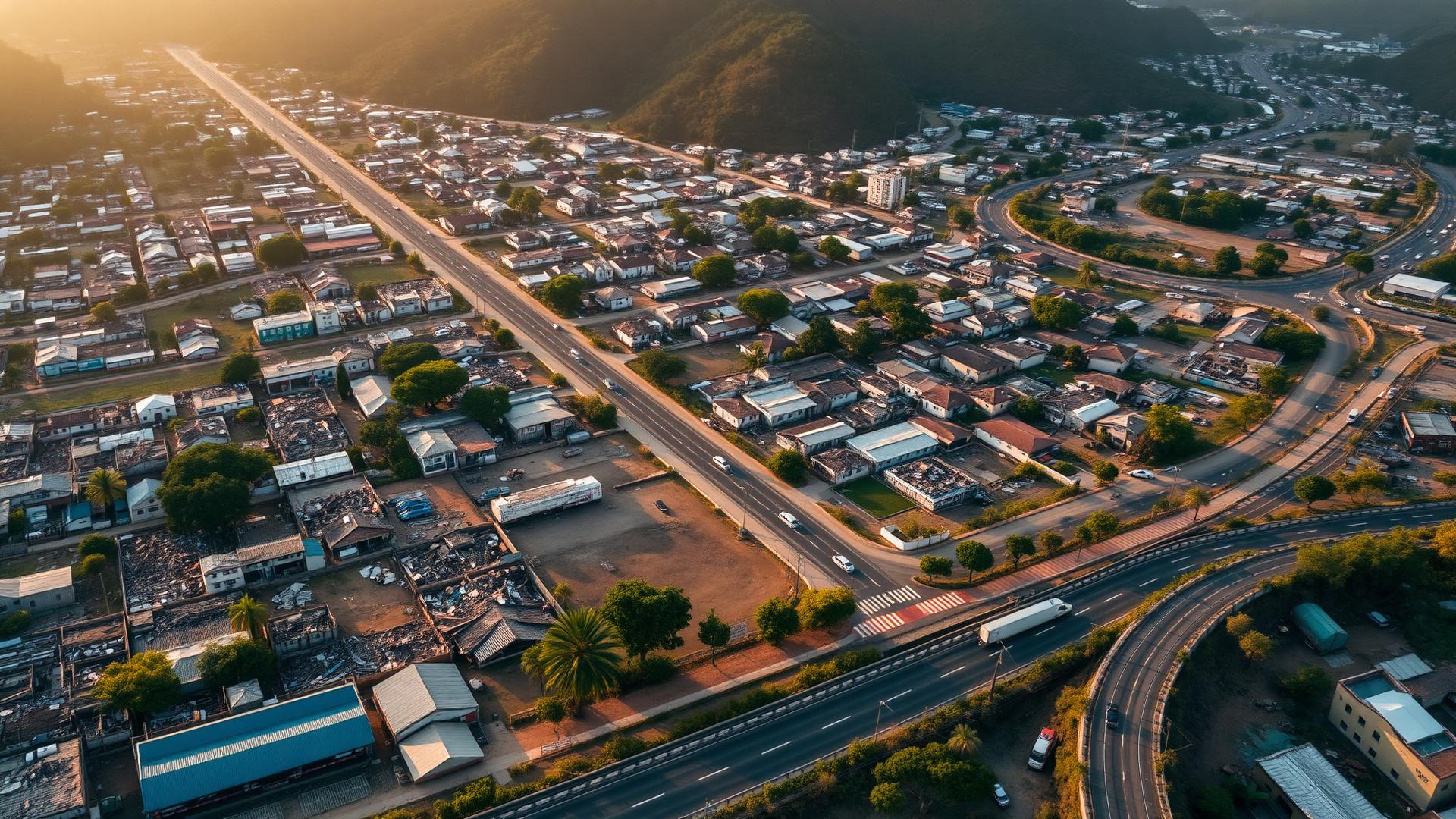 Vista aérea de una ciudad colombiana con barrios afectados y vías por donde llegan camiones de ayuda