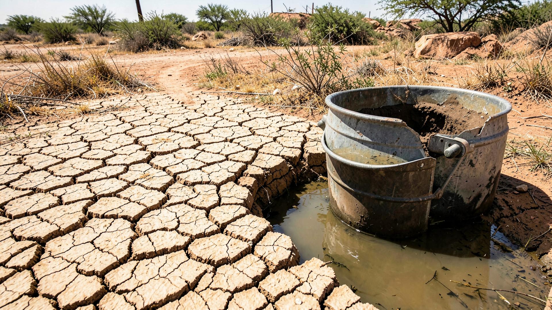 Embalse agrietado por la sequía junto a un recipiente con agua estancada