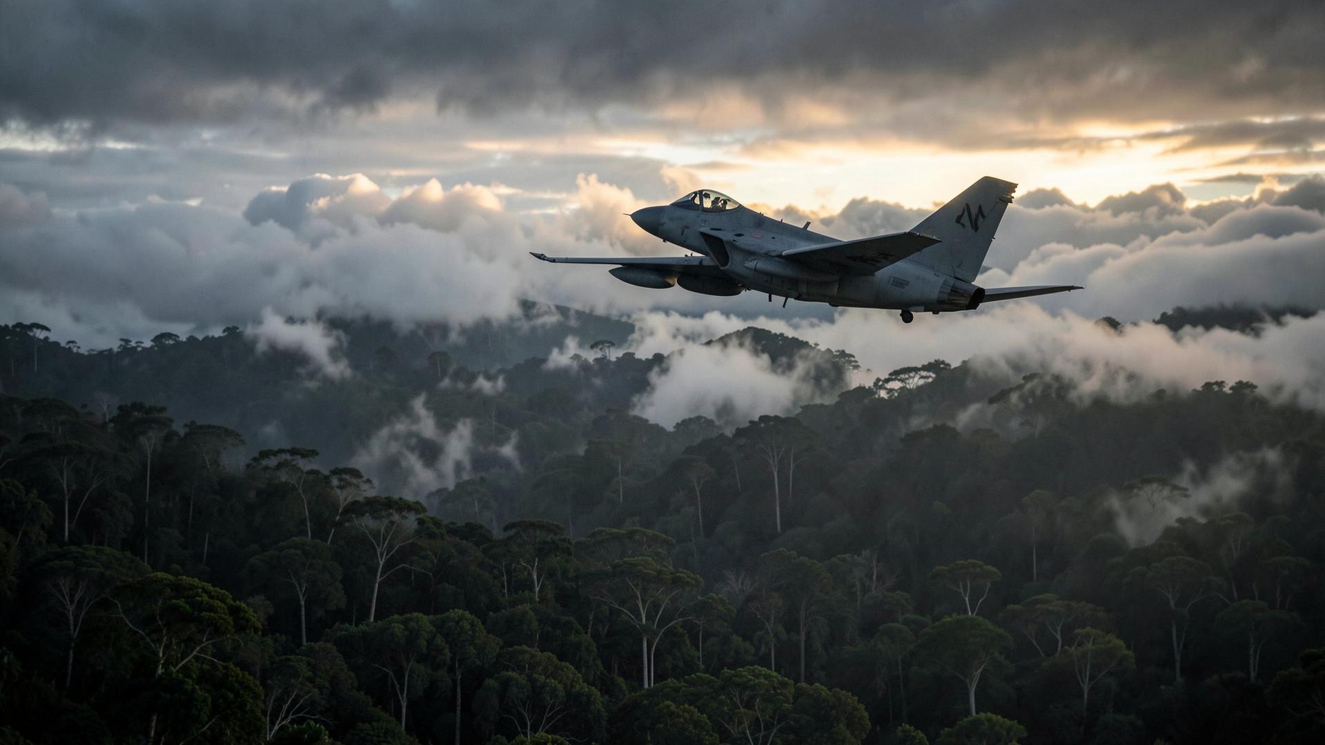 Avión de combate sobrevolando la selva colombiana al atardecer