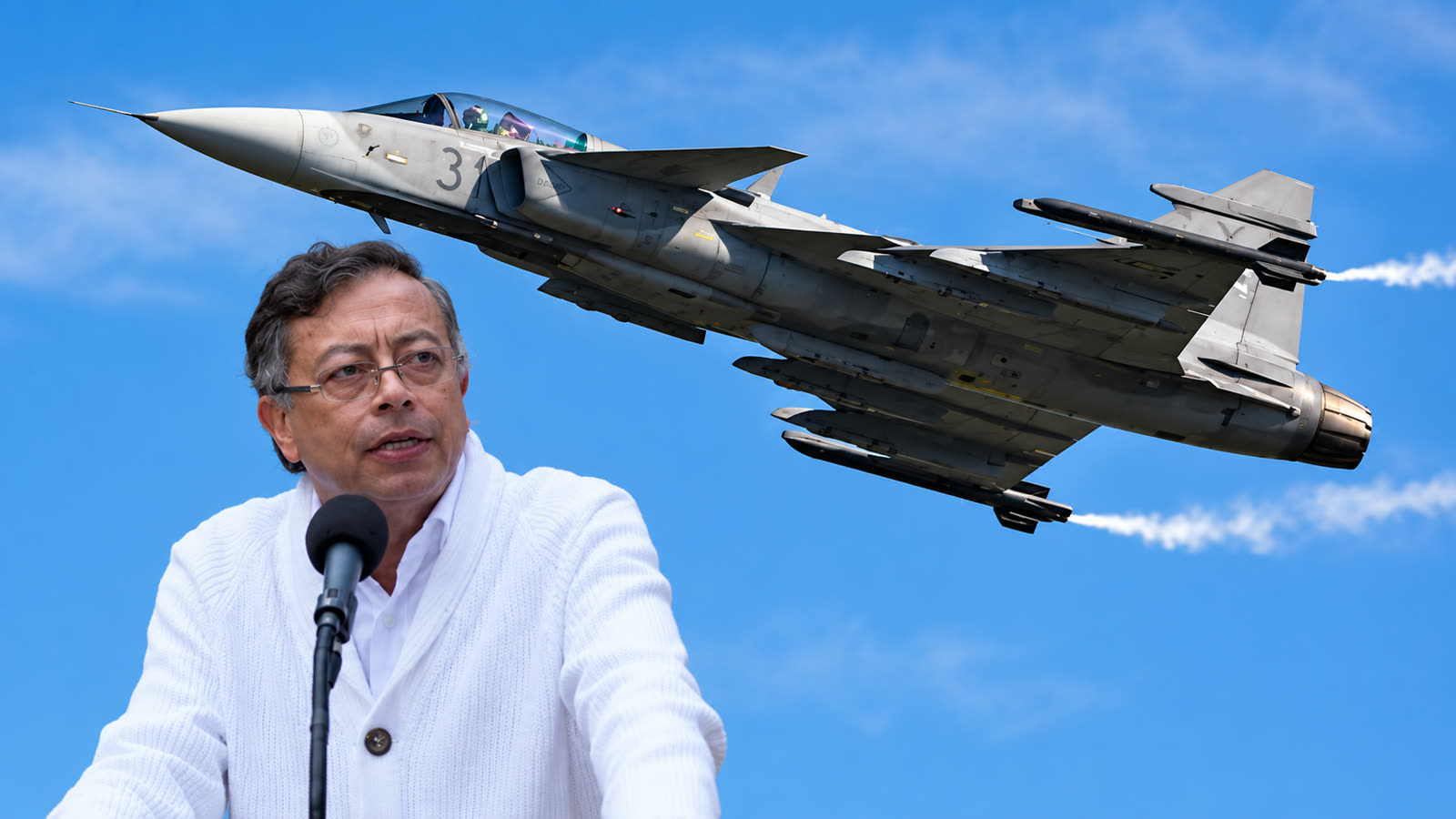 Composición con un avión de combate Gripen en vuelo y el presidente Gustavo Petro hablando ante un micrófono