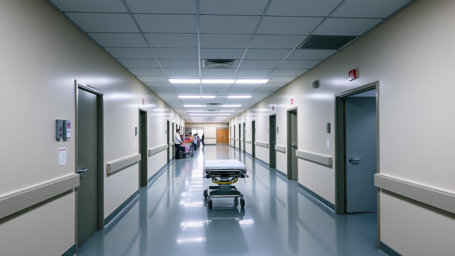 Pasillo de un hospital público con camilla y pacientes esperando atención