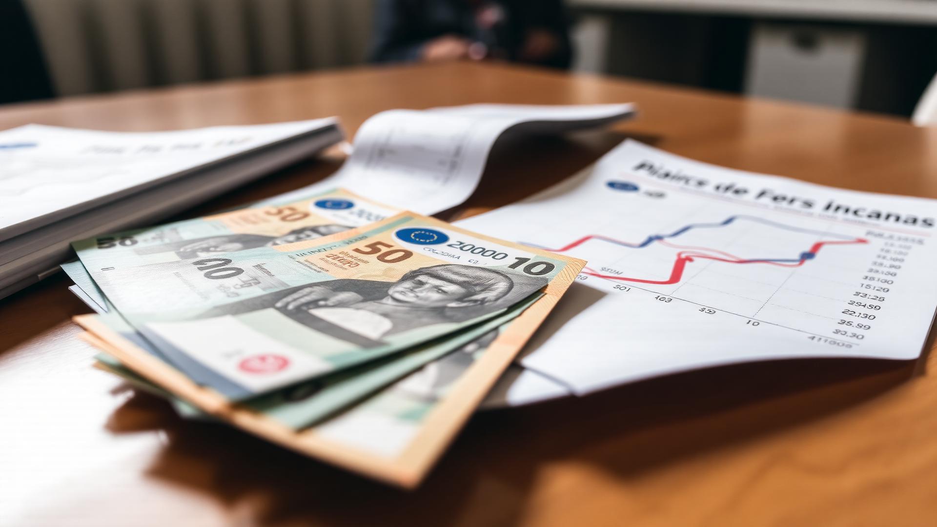 Gráfica económica y billetes colombianos sobre un escritorio