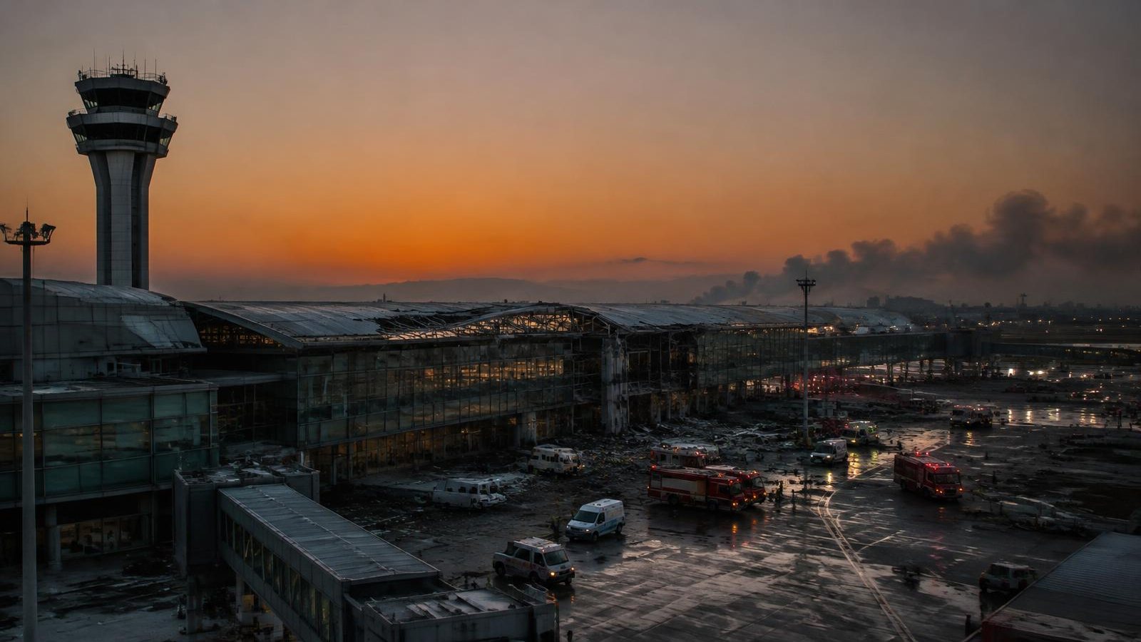 Terminal de un aeropuerto dañada tras un ataque, con vehículos de emergencia